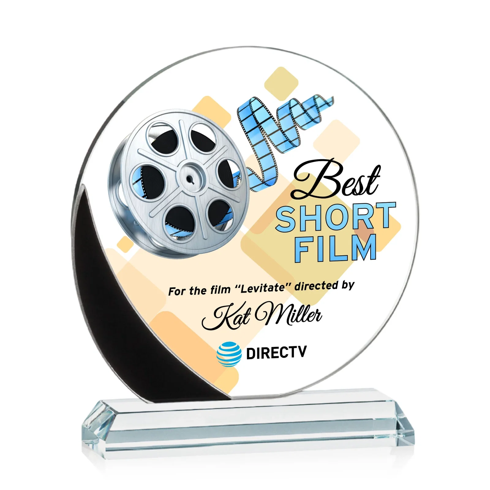 Personalized Starfire Crystal Disc Award With Blue Crescent Accent for employee recognition