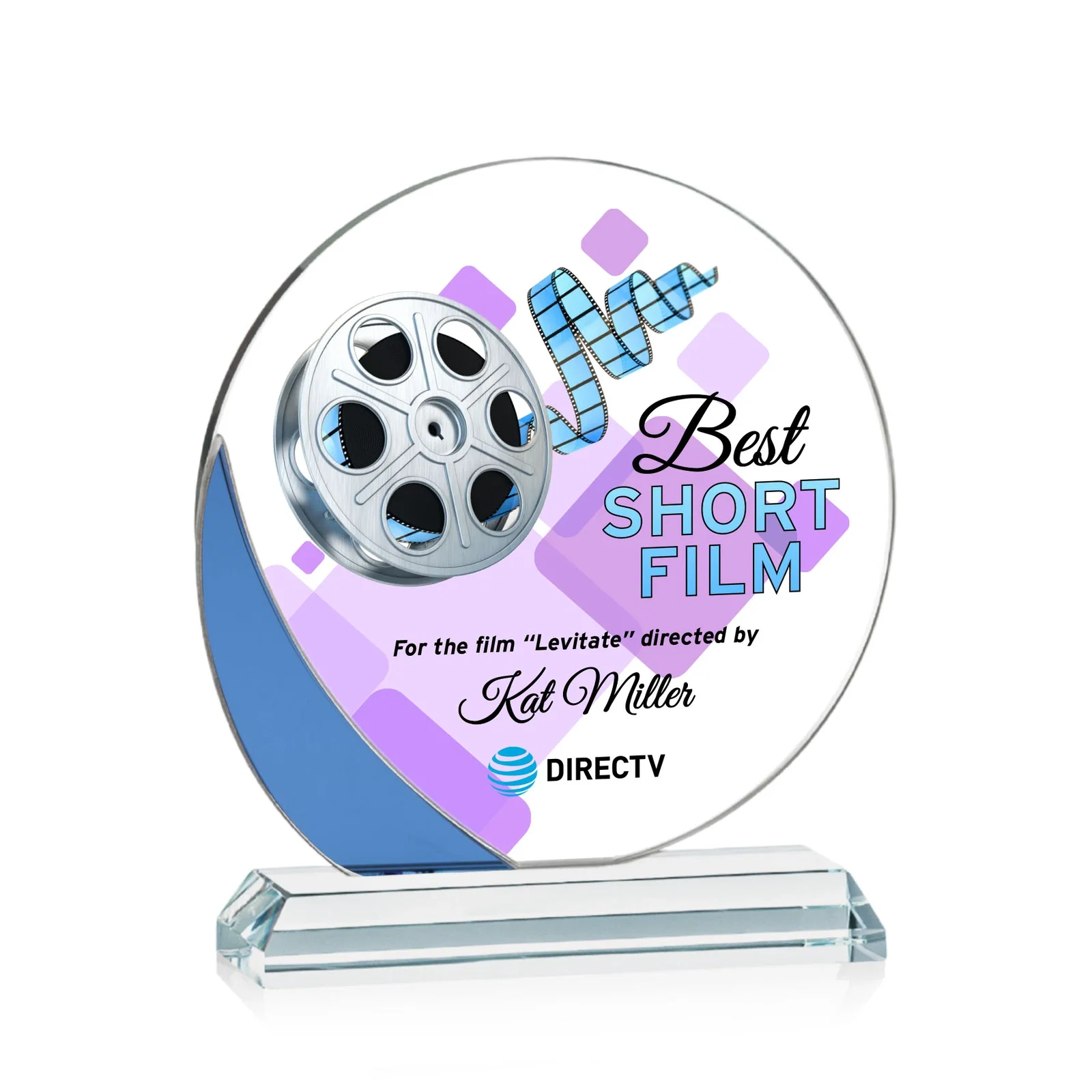Personalized Starfire Crystal Disc Award With Blue Crescent Accent for service anniversary gifts