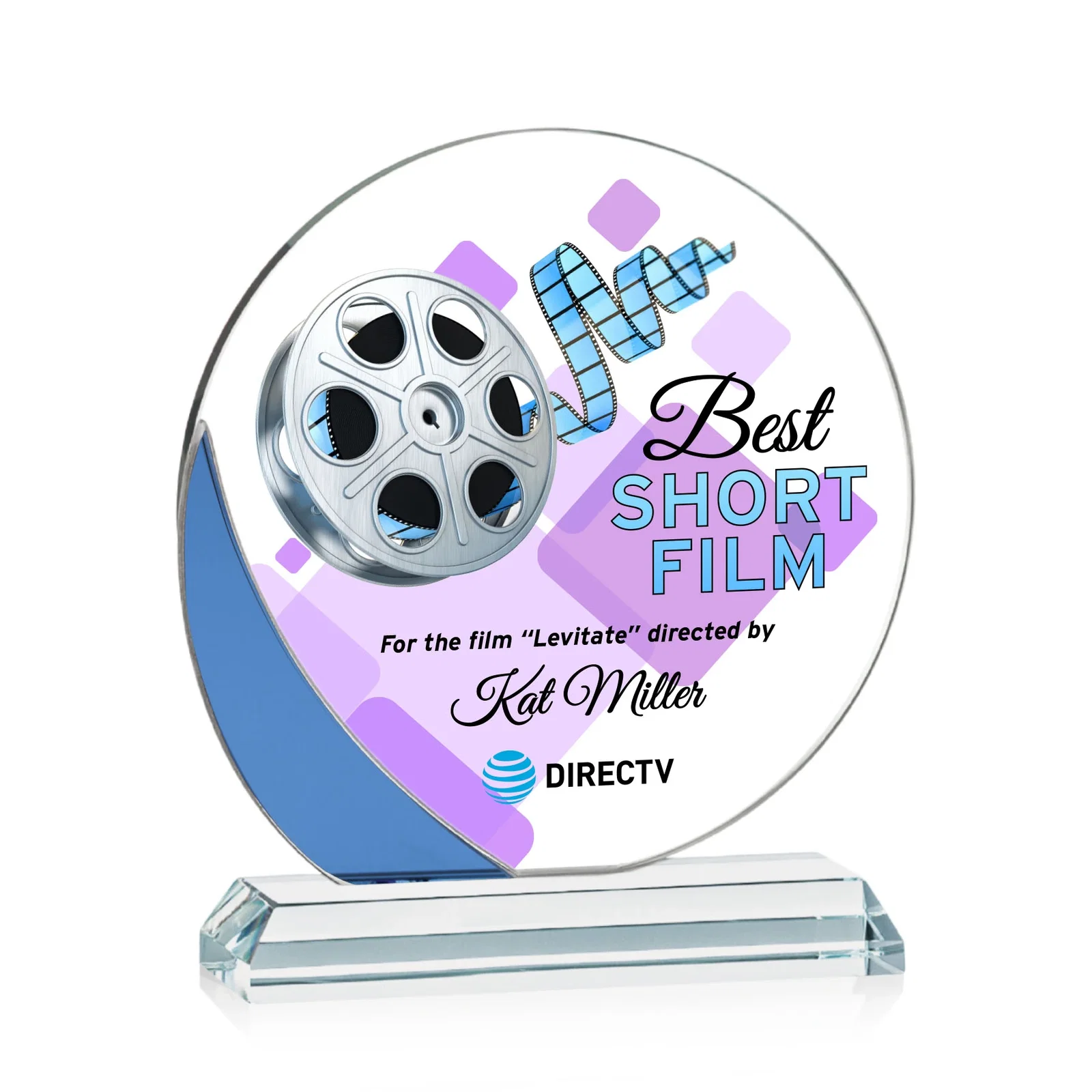 Personalized Starfire Crystal Disc Award With Blue Crescent Accent for sales achievement awards