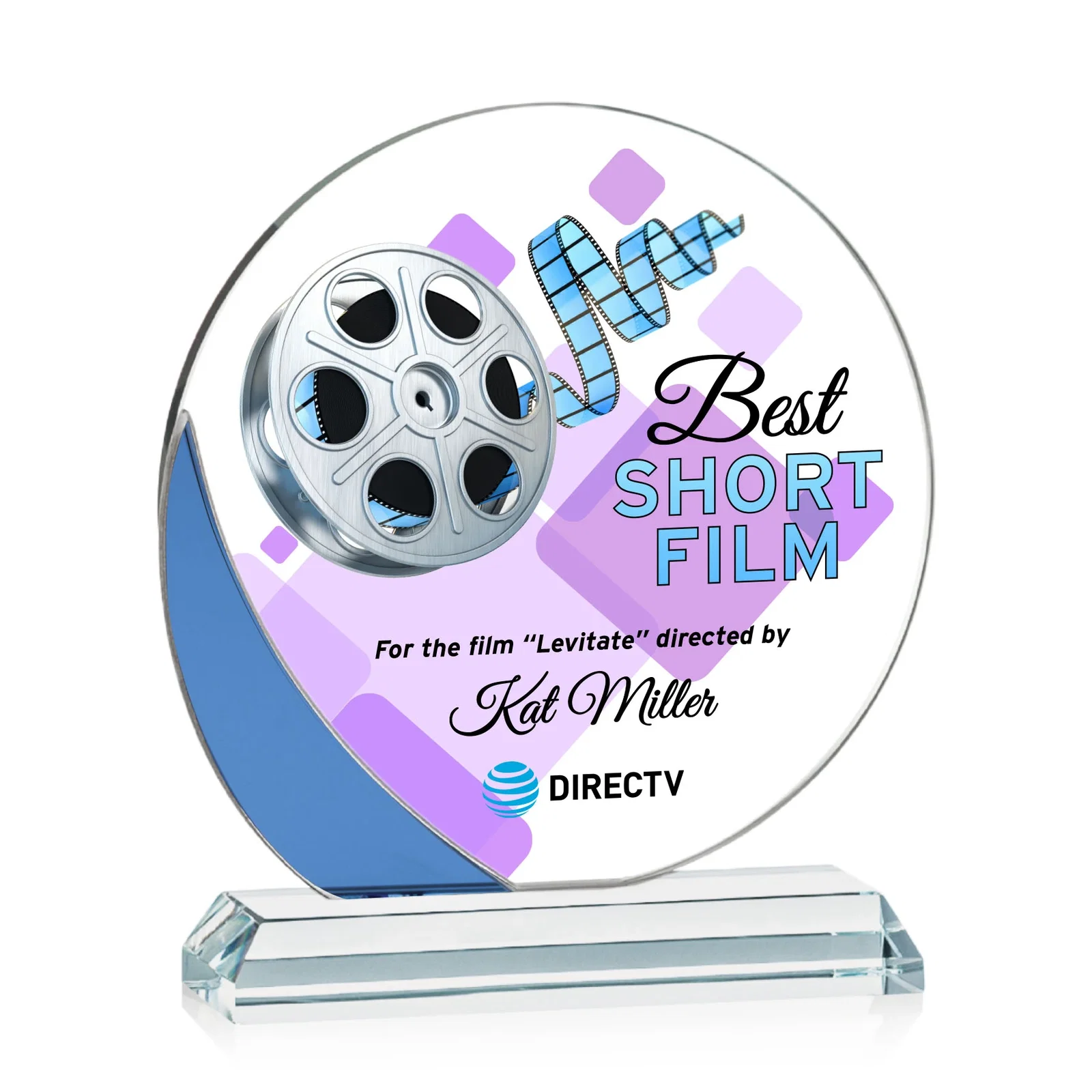 Personalized Starfire Crystal Disc Award With Blue Crescent Accent for retirement presentations