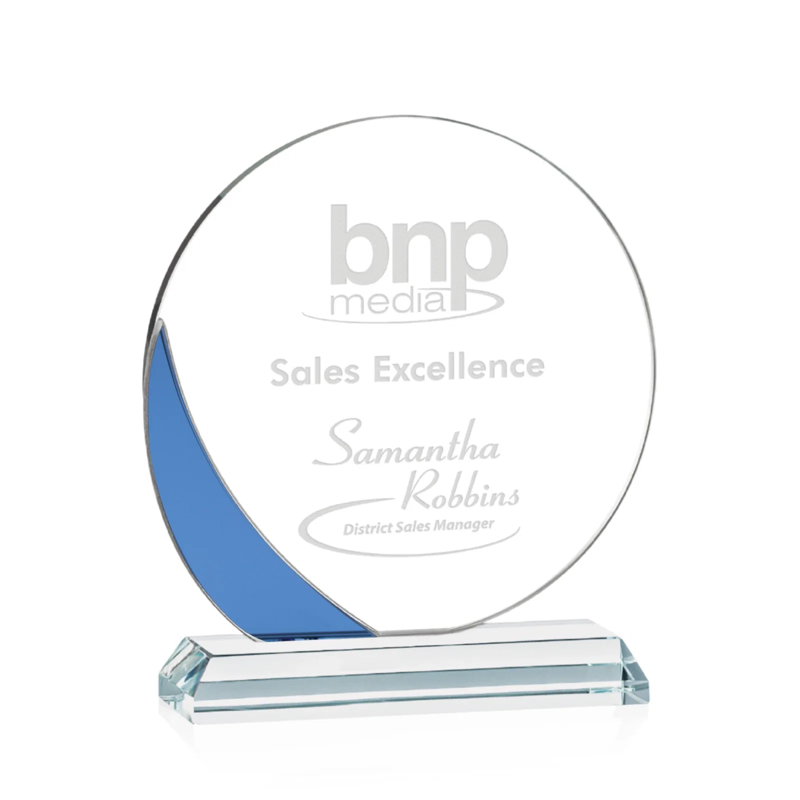 Custom Starfire Crystal Disc Award With Blue Crescent Accent for corporate award ceremonies