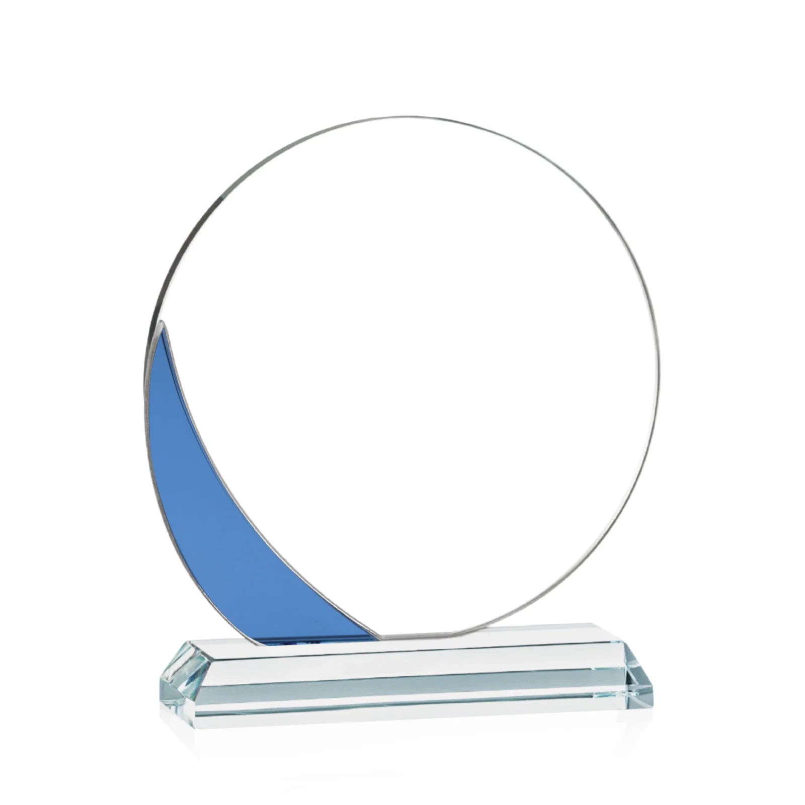 Personalized Starfire Crystal Disc Award With Blue Crescent Accent for team milestone celebrations