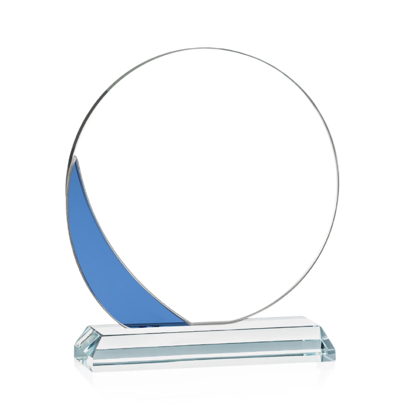 Personalized Starfire Crystal Disc Award With Blue Crescent Accent for donor appreciation