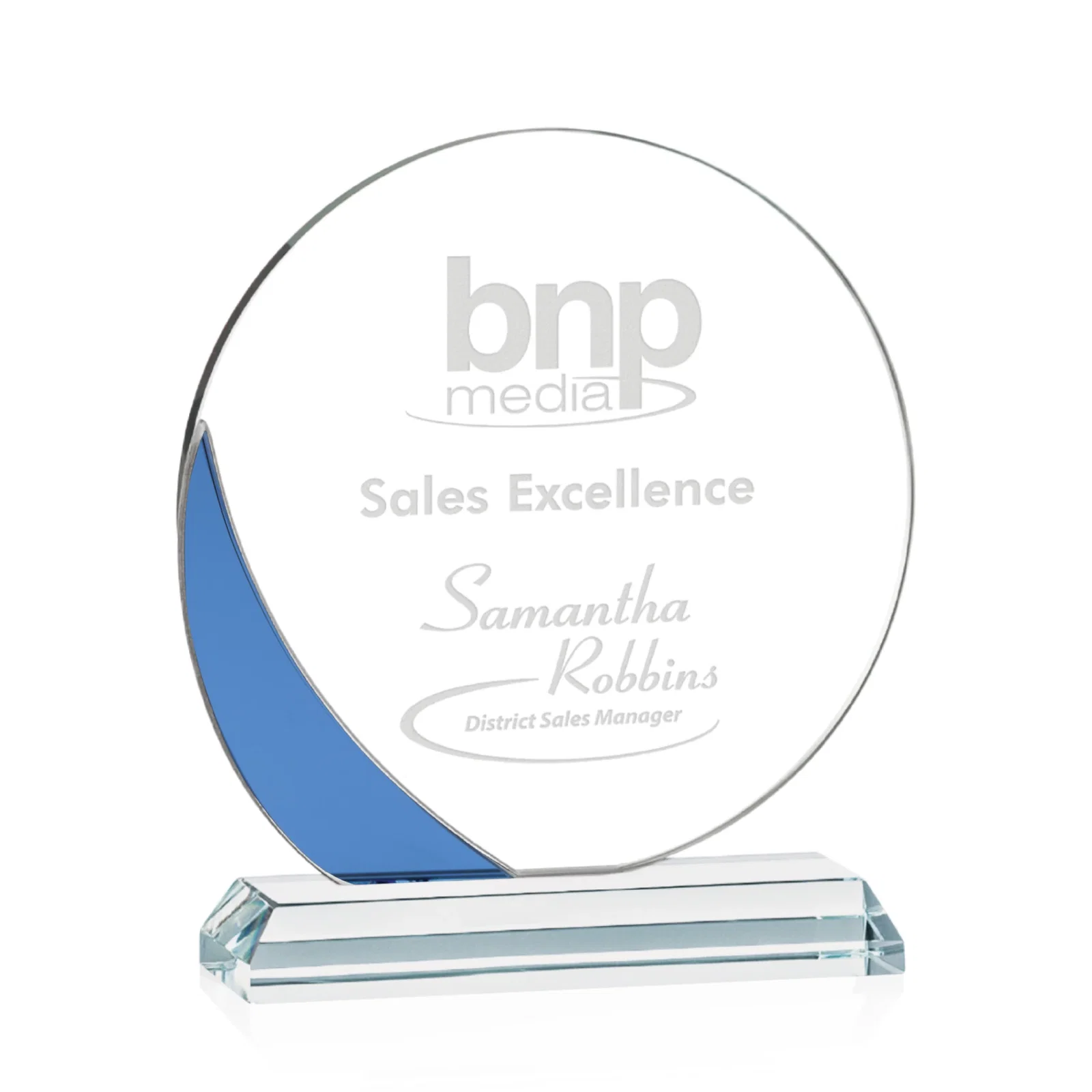 Custom Starfire Crystal Disc Award With Blue Crescent Accent for service anniversary gifts