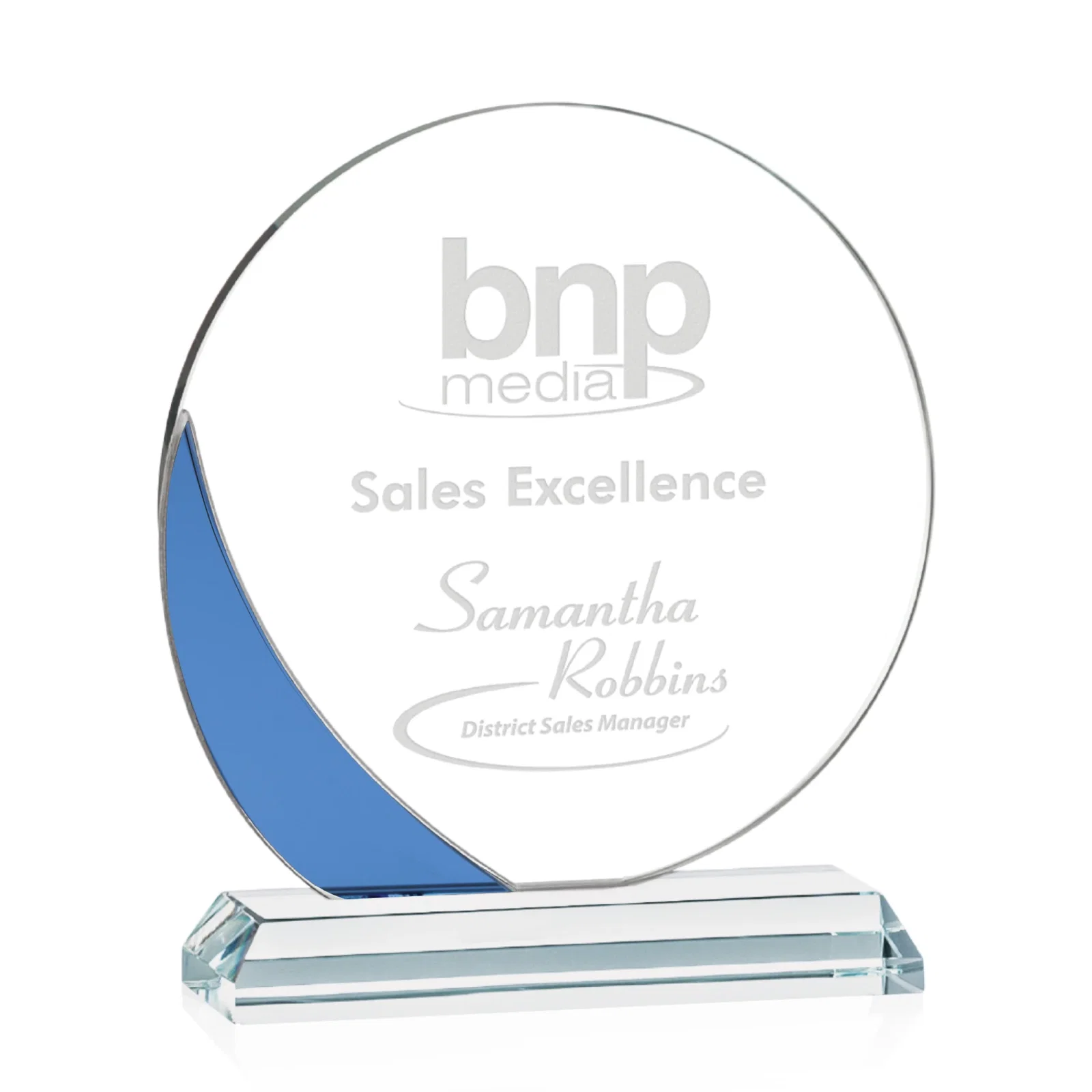 Custom Starfire Crystal Disc Award With Blue Crescent Accent for sales achievement awards