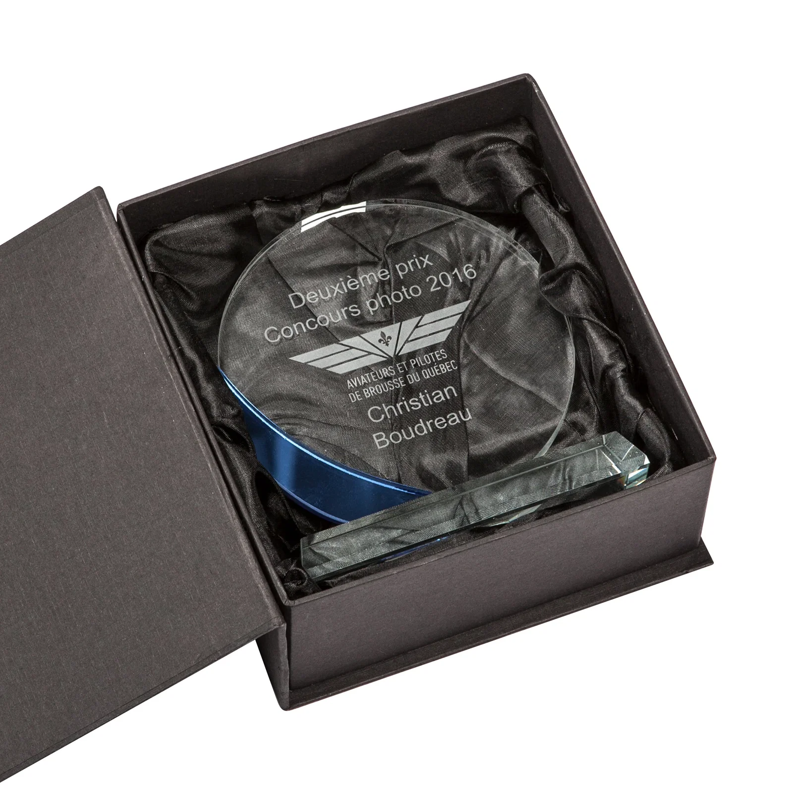 Custom Starfire Crystal Disc Award With Blue Crescent Accent for retirement presentations