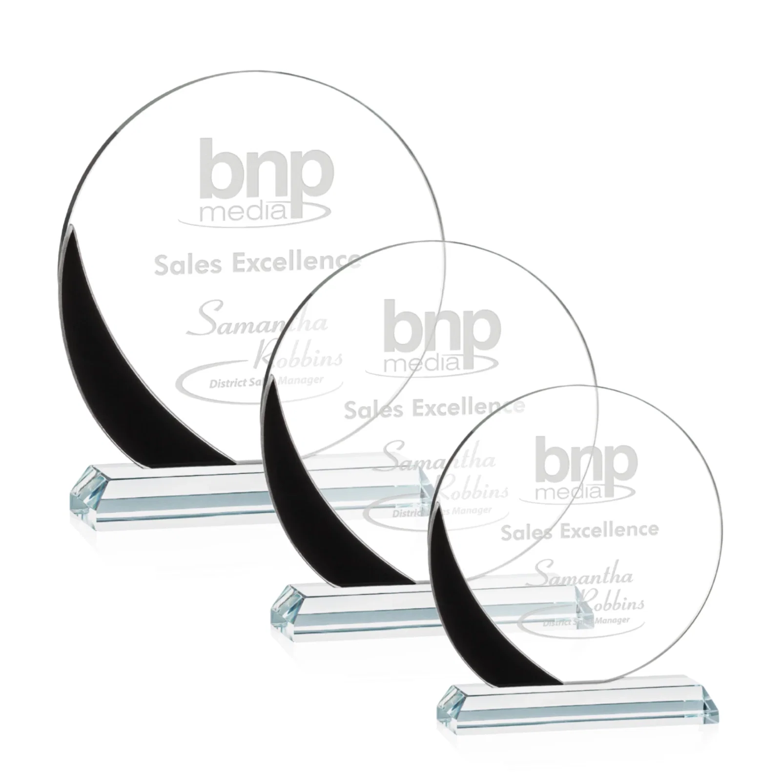 Custom Starfire Crystal Disc Award With Blue Crescent Accent for team milestone celebrations