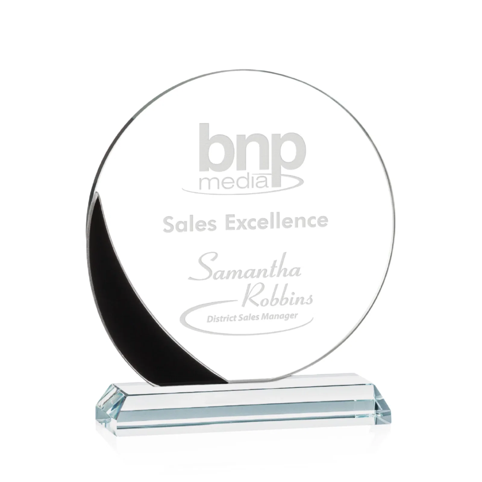 Custom Starfire Crystal Disc Award With Blue Crescent Accent for donor appreciation