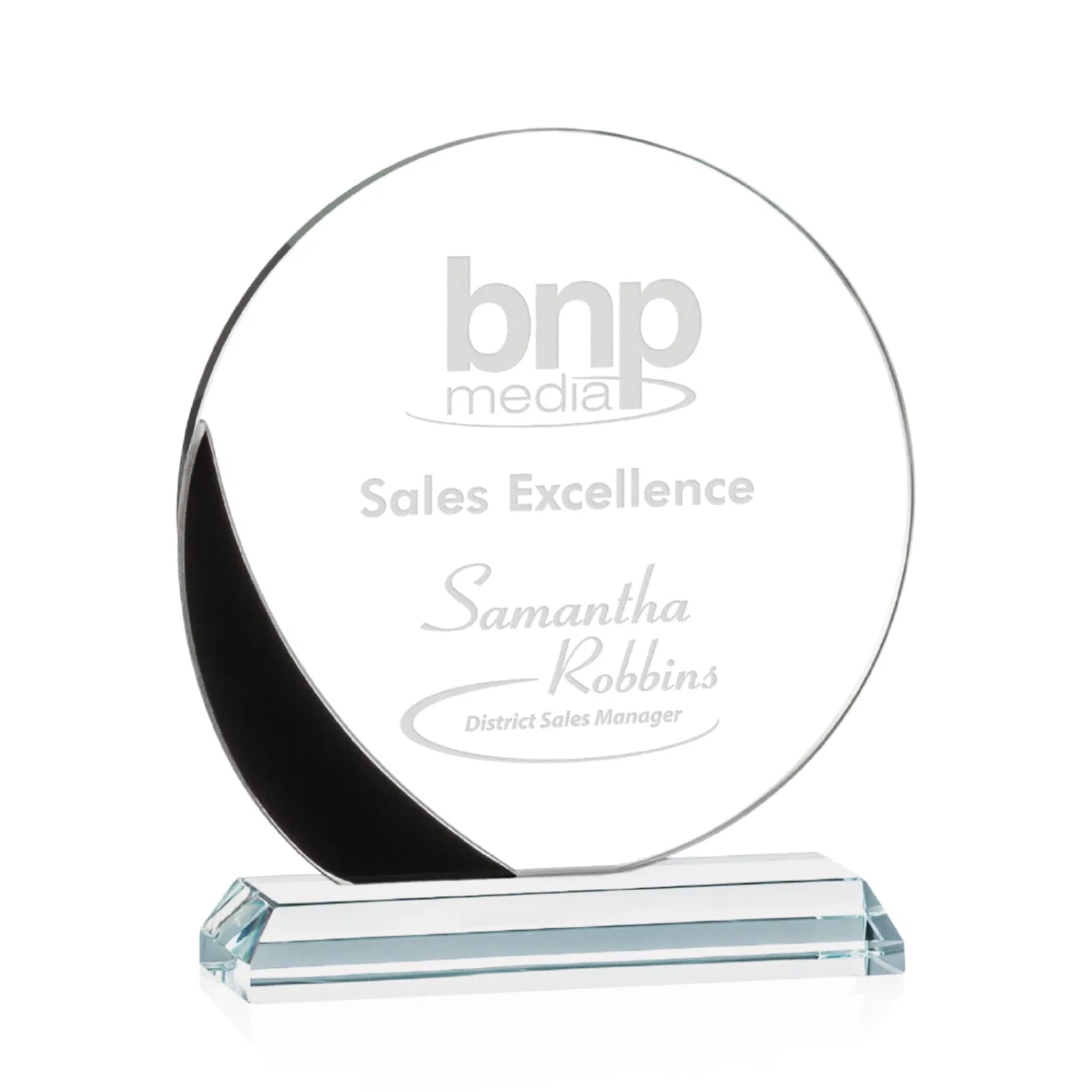 Custom Starfire Crystal Disc Award With Blue Crescent Accent for graduation ceremonies