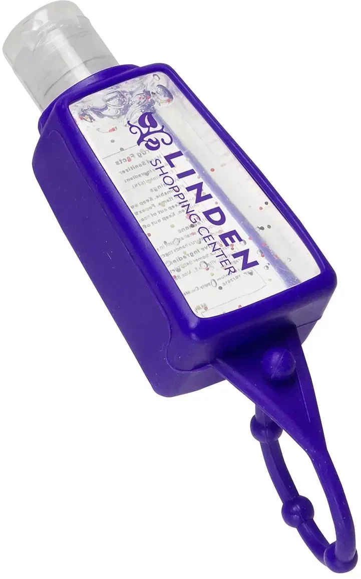 Promotional branded Gel Go sanitizer strapped to a bag, side view with logo