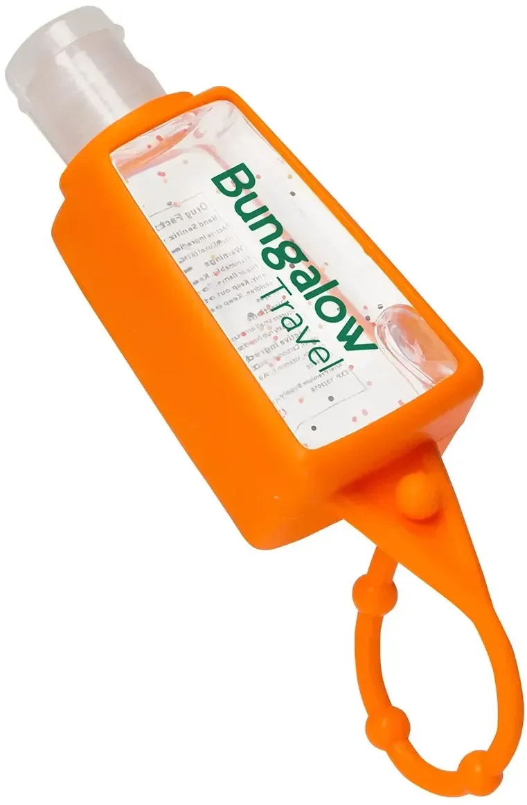 Custom Gel Go silicone-case sanitizer with 62% alcohol gel bottle, detail view
