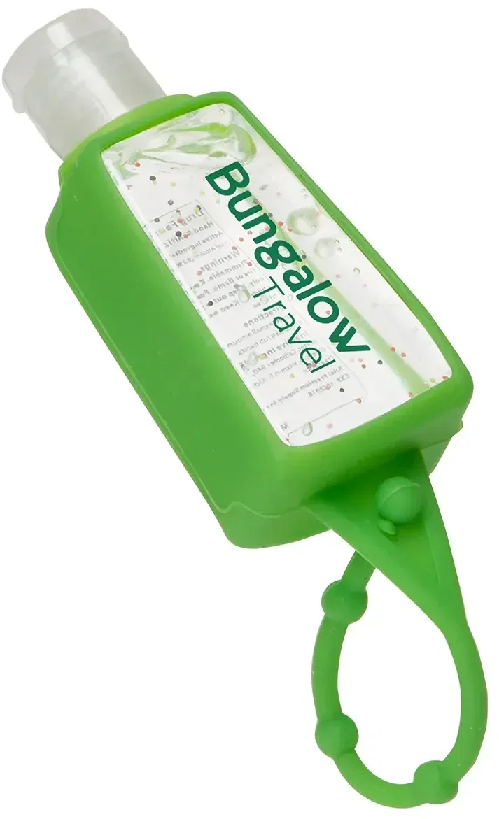 Branded Gel Go sanitizer looped on a wrist, lifestyle shot
