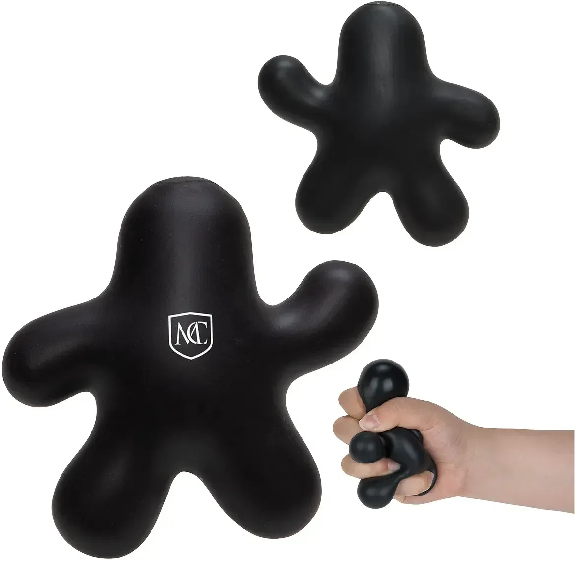 Custom Gel Man squeeze stress toy held in hand, in-use view