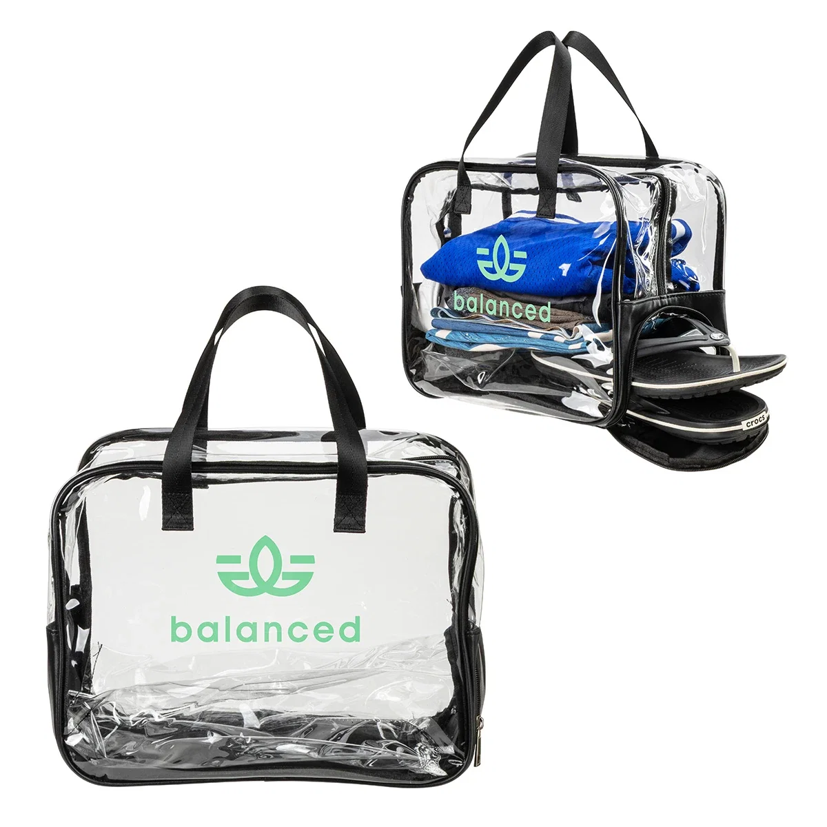 Custom Gem Clear PVC Zippered Bag with Easy-Access Shoe Compartment, front view of the branded travel bag