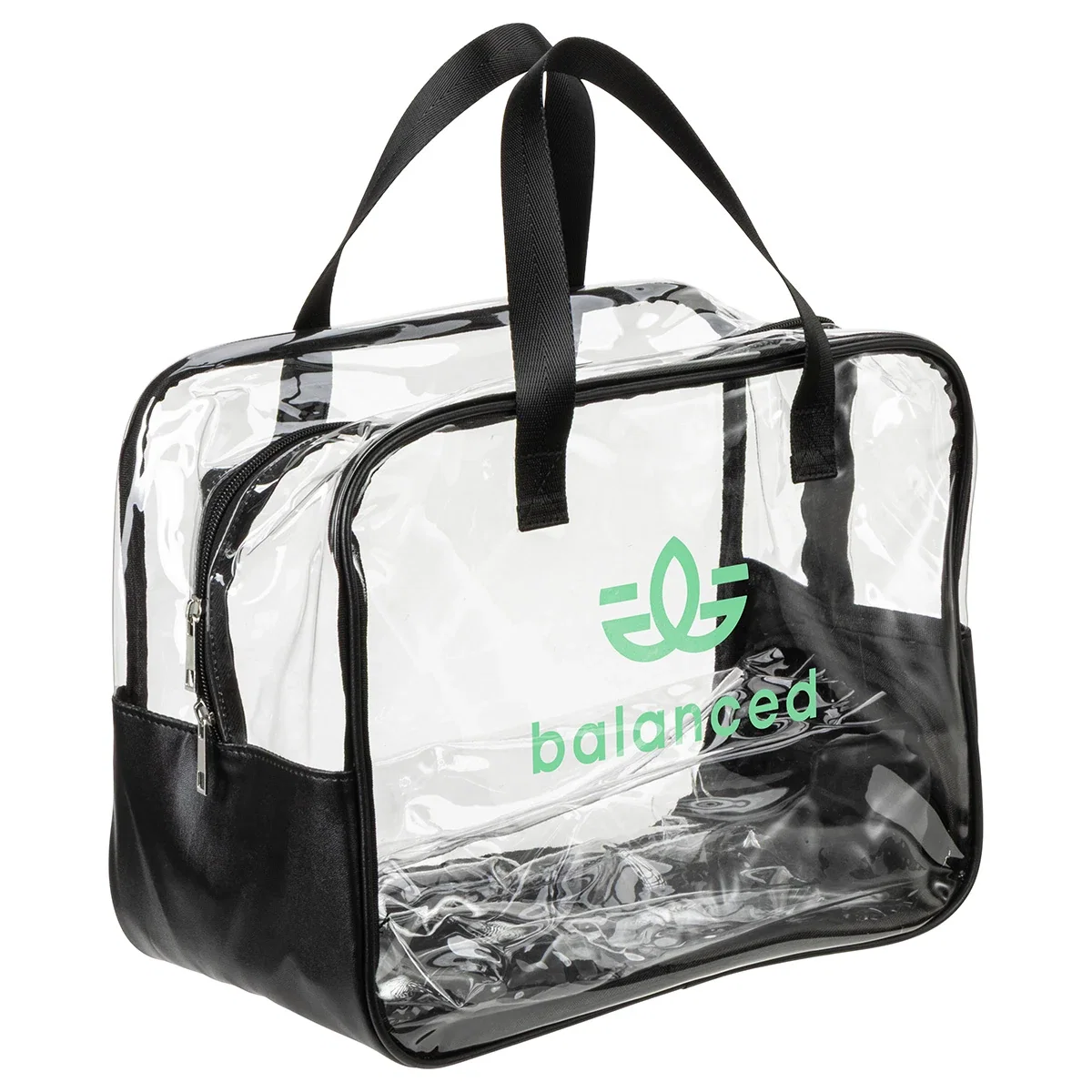 Side profile of the promotional Gem Clear PVC Zippered Bag showing the transparent panel