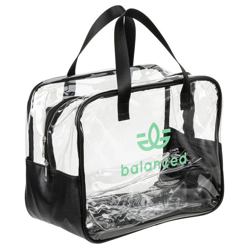 Side profile of the promotional Gem Clear PVC Zippered Bag showing the transparent panel