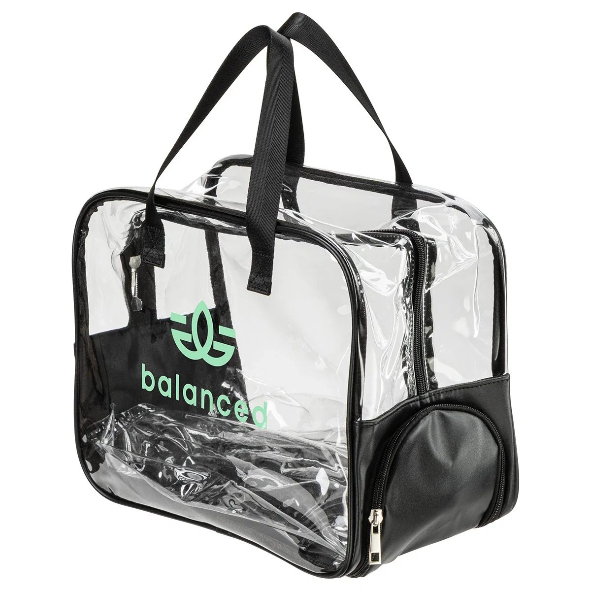 Close-up of the custom Gem Clear PVC Zippered Bag's logo imprint area
