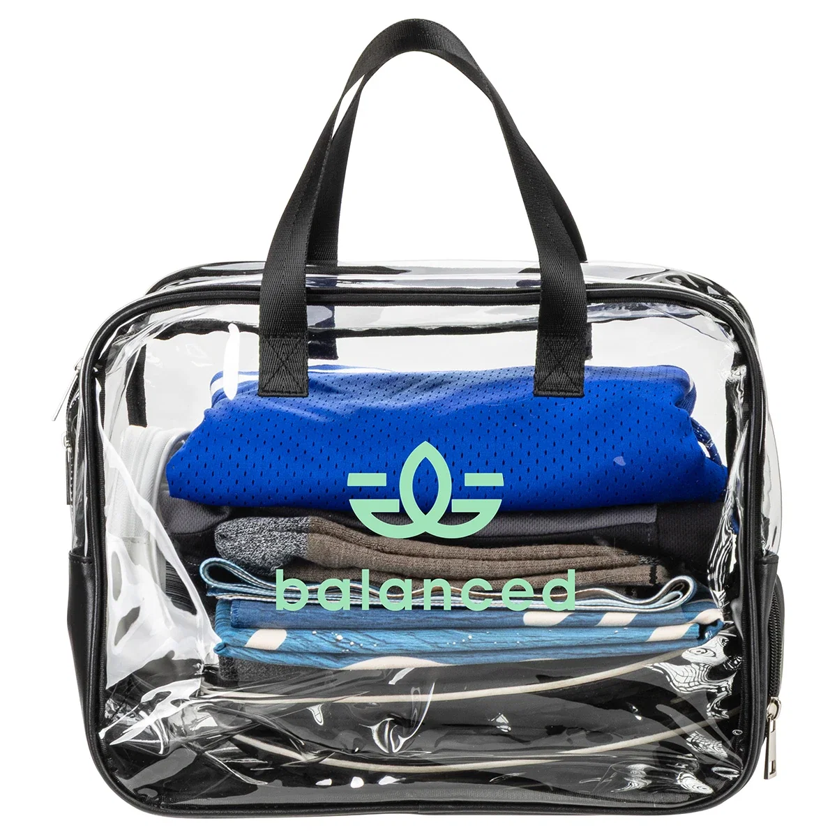 Close-up of the easy-access shoe compartment on the branded Gem Clear PVC Zippered Bag