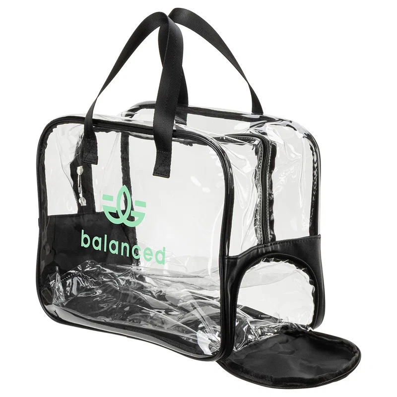 Angled view of the custom Gem Clear PVC Zippered Bag with Easy-Access Shoe Compartment