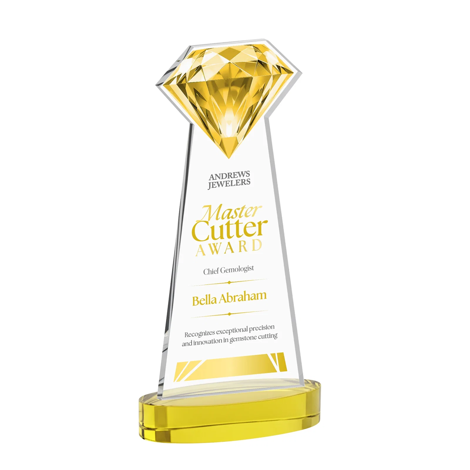 Custom Starfire Crystal Award With a Printed Gemstone Cutout on a Round Base for company anniversary events