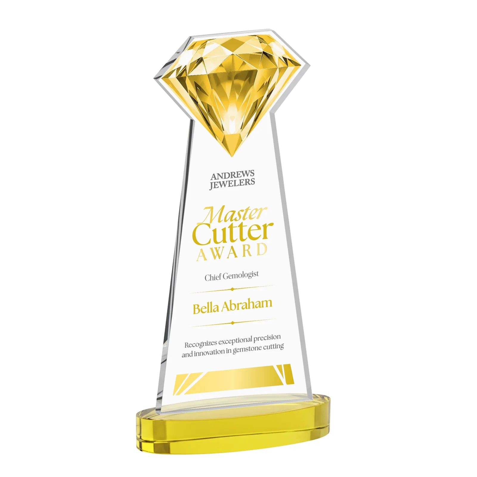 Personalized Starfire Crystal Award With a Printed Gemstone Cutout on a Round Base for employee recognition