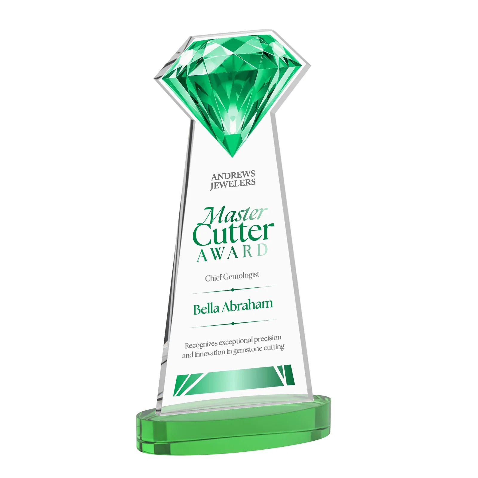 Personalized Starfire Crystal Award With a Printed Gemstone Cutout on a Round Base for retirement presentations