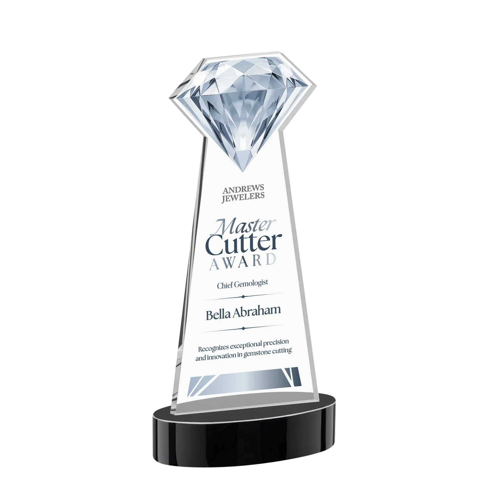 Personalized Starfire Crystal Award With a Printed Gemstone Cutout on a Round Base for donor appreciation