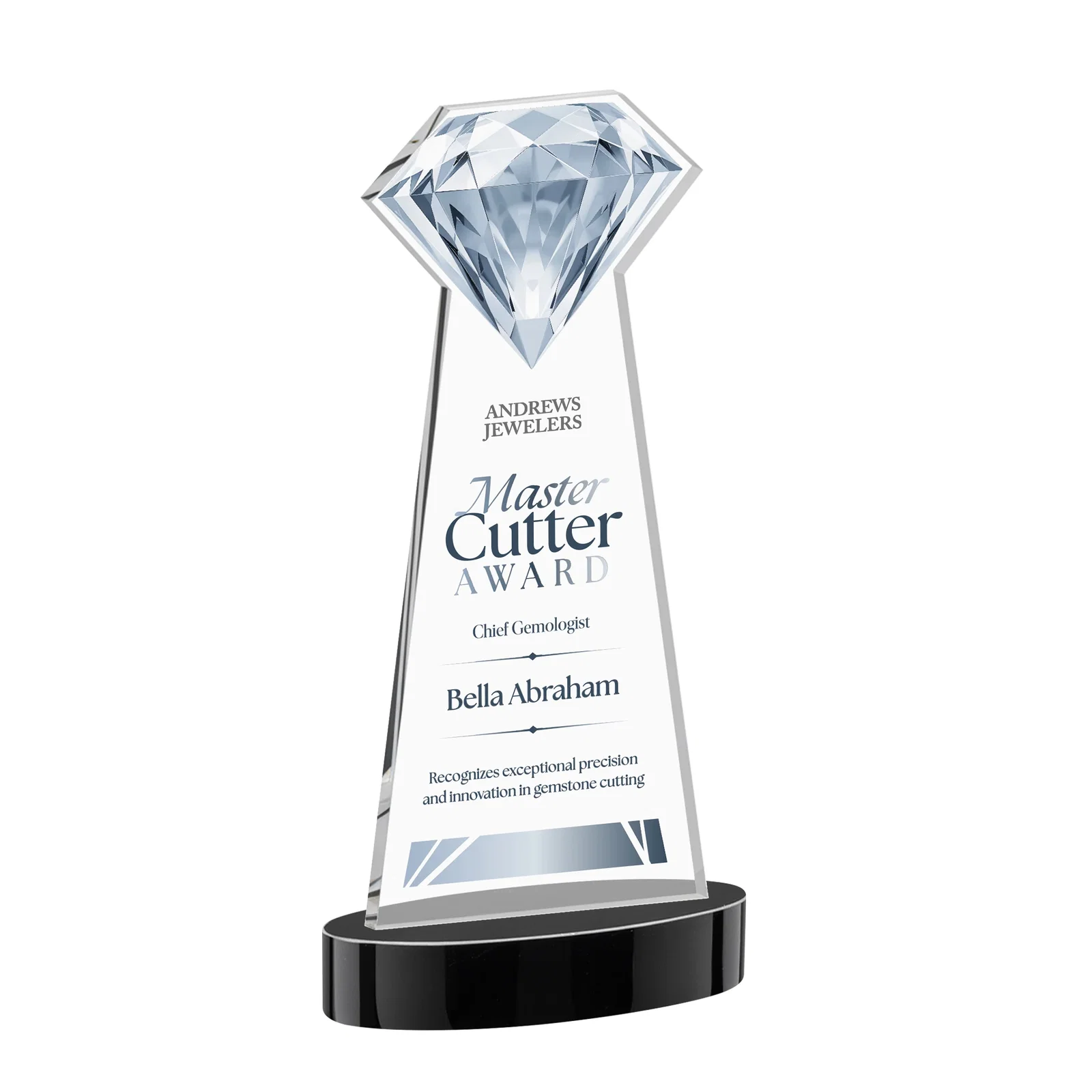 Personalized Starfire Crystal Award With a Printed Gemstone Cutout on a Round Base for graduation ceremonies