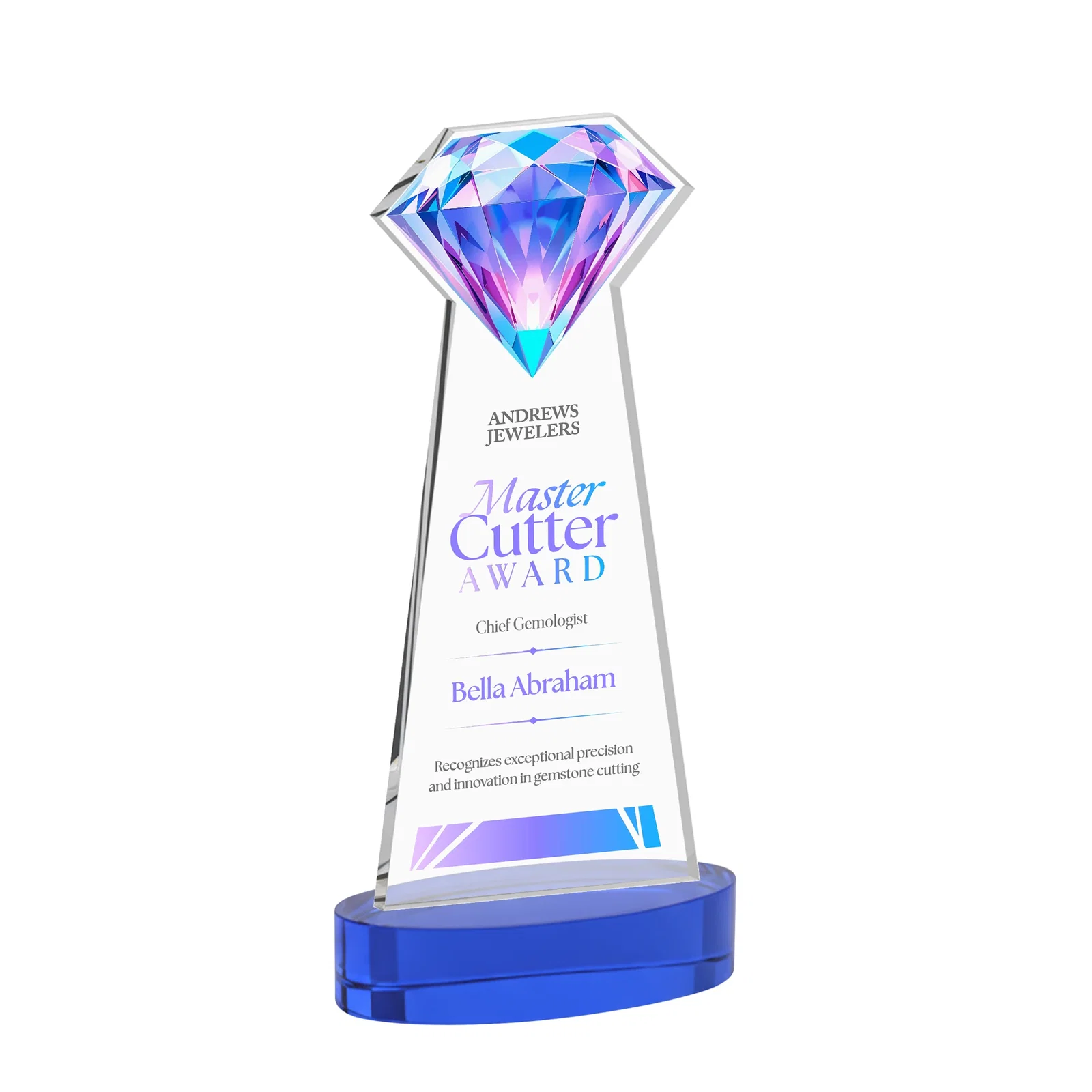 Personalized Starfire Crystal Award With a Printed Gemstone Cutout on a Round Base for dealer and partner awards