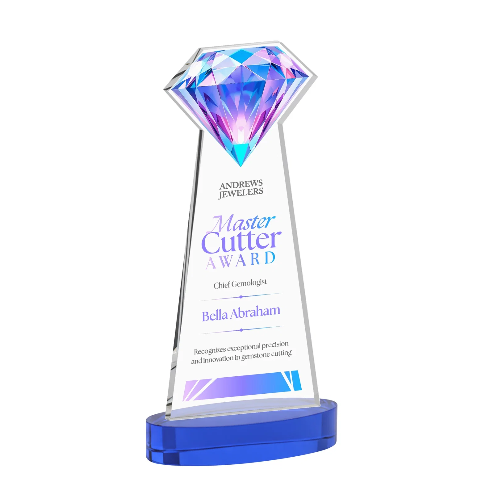 Personalized Starfire Crystal Award With a Printed Gemstone Cutout on a Round Base for company anniversary events