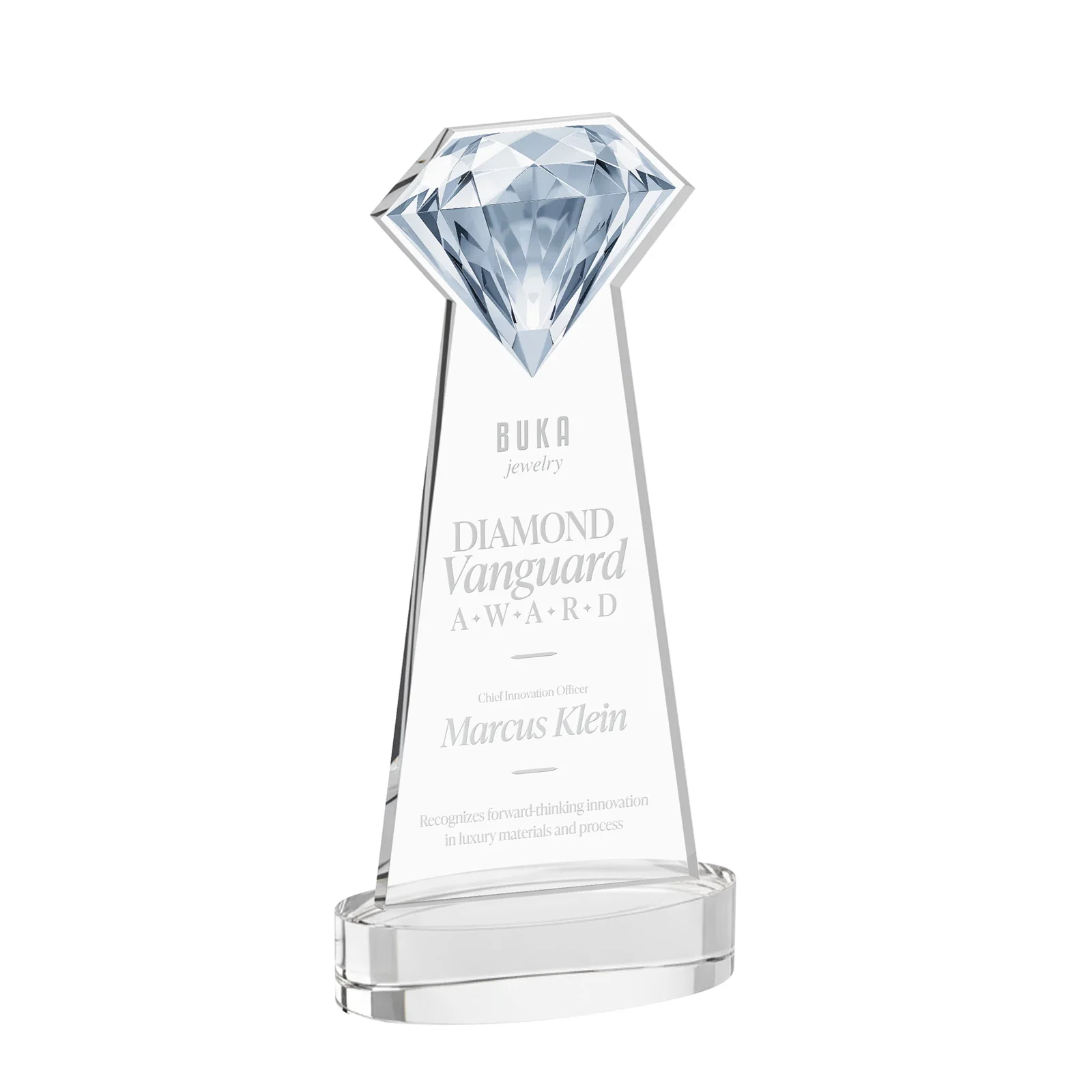 Branded Starfire Crystal Award With a Printed Gemstone Cutout on a Round Base for service anniversary gifts