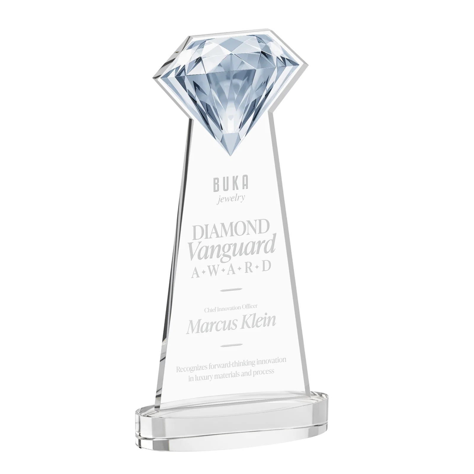 Branded Starfire Crystal Award With a Printed Gemstone Cutout on a Round Base for retirement presentations