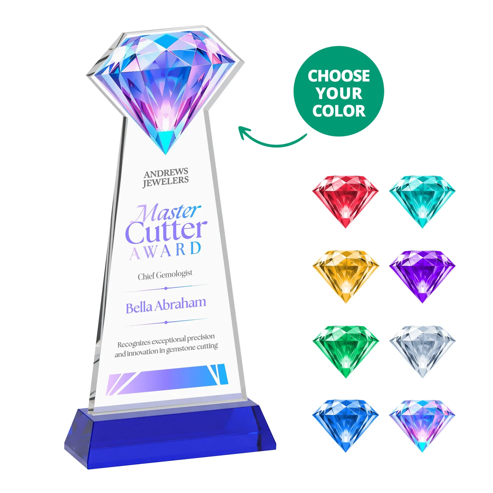 Custom Starfire Crystal Award With a Printed Gemstone Cutout on a Round Base for retirement presentations