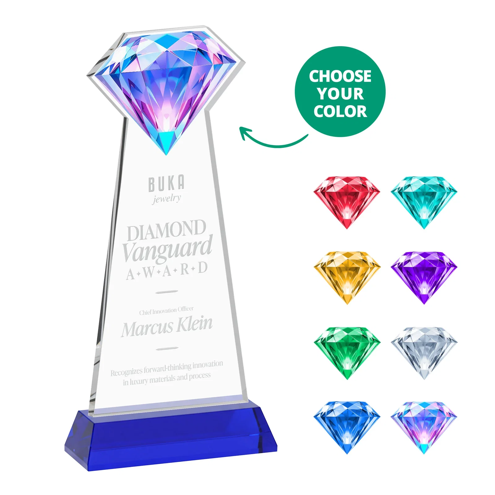 Branded Starfire Crystal Award With a Printed Gemstone Cutout on a Round Base for team milestone celebrations