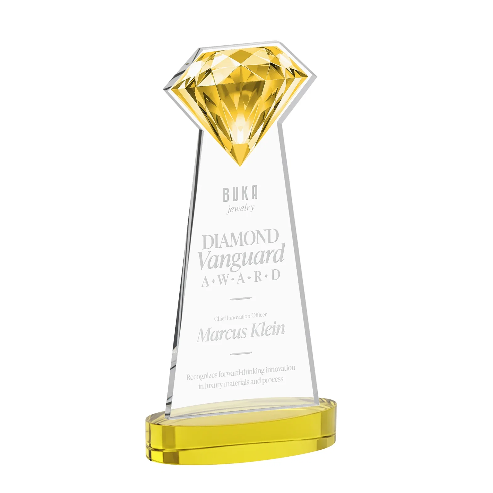 Custom printed Starfire Crystal Award With a Printed Gemstone Cutout on a Round Base for employee recognition