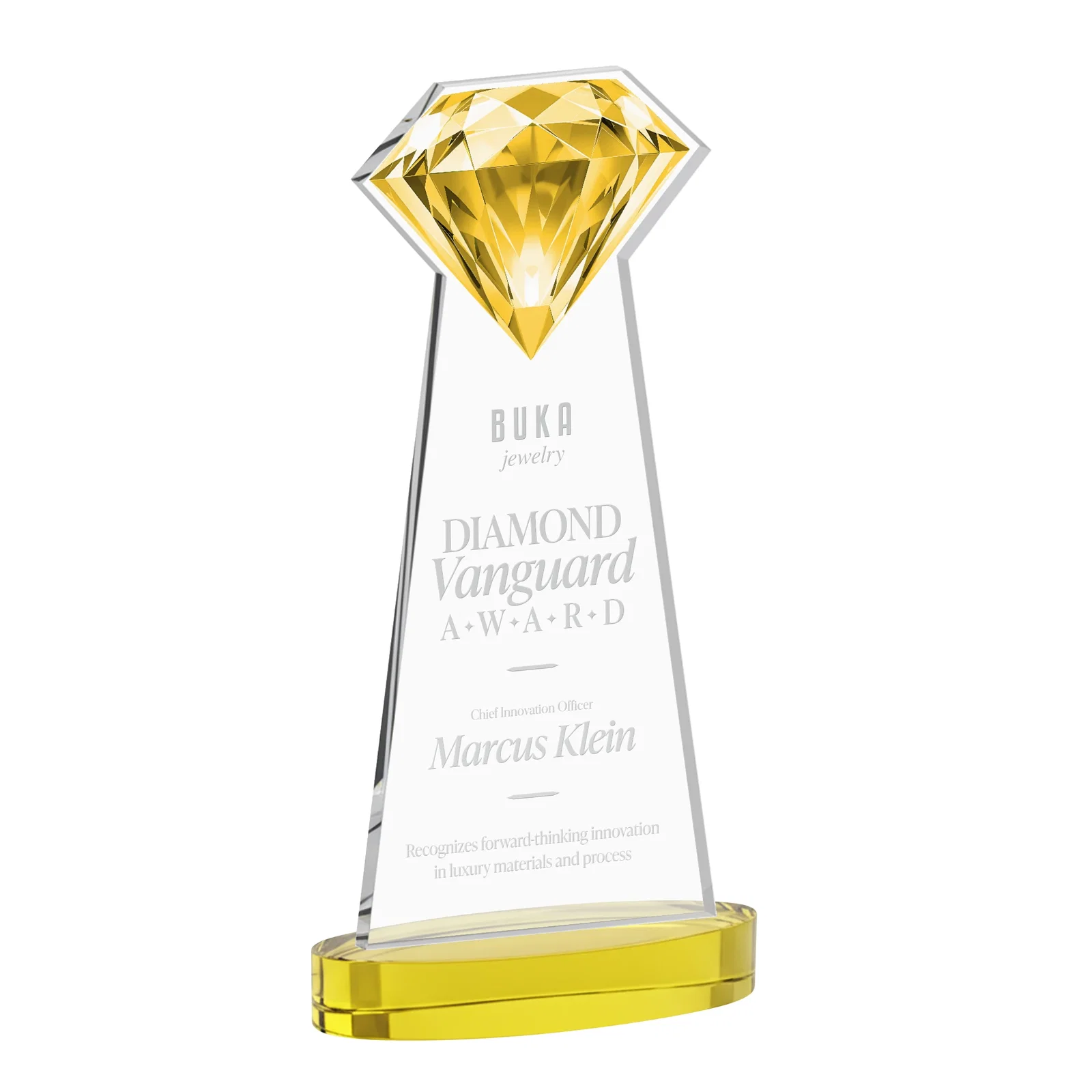 Custom printed Starfire Crystal Award With a Printed Gemstone Cutout on a Round Base for corporate award ceremonies