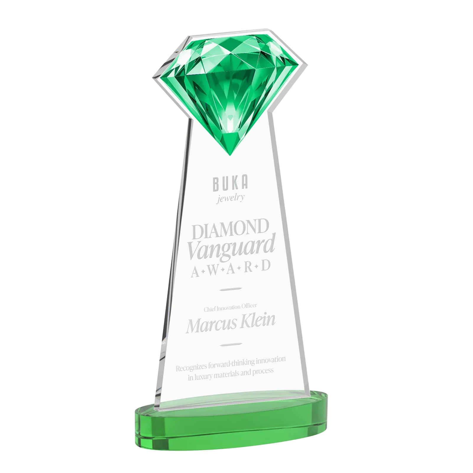 Custom printed Starfire Crystal Award With a Printed Gemstone Cutout on a Round Base for team milestone celebrations