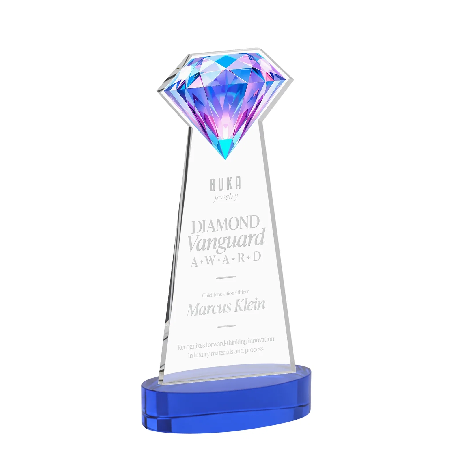 Custom printed Starfire Crystal Award With a Printed Gemstone Cutout on a Round Base for company anniversary events