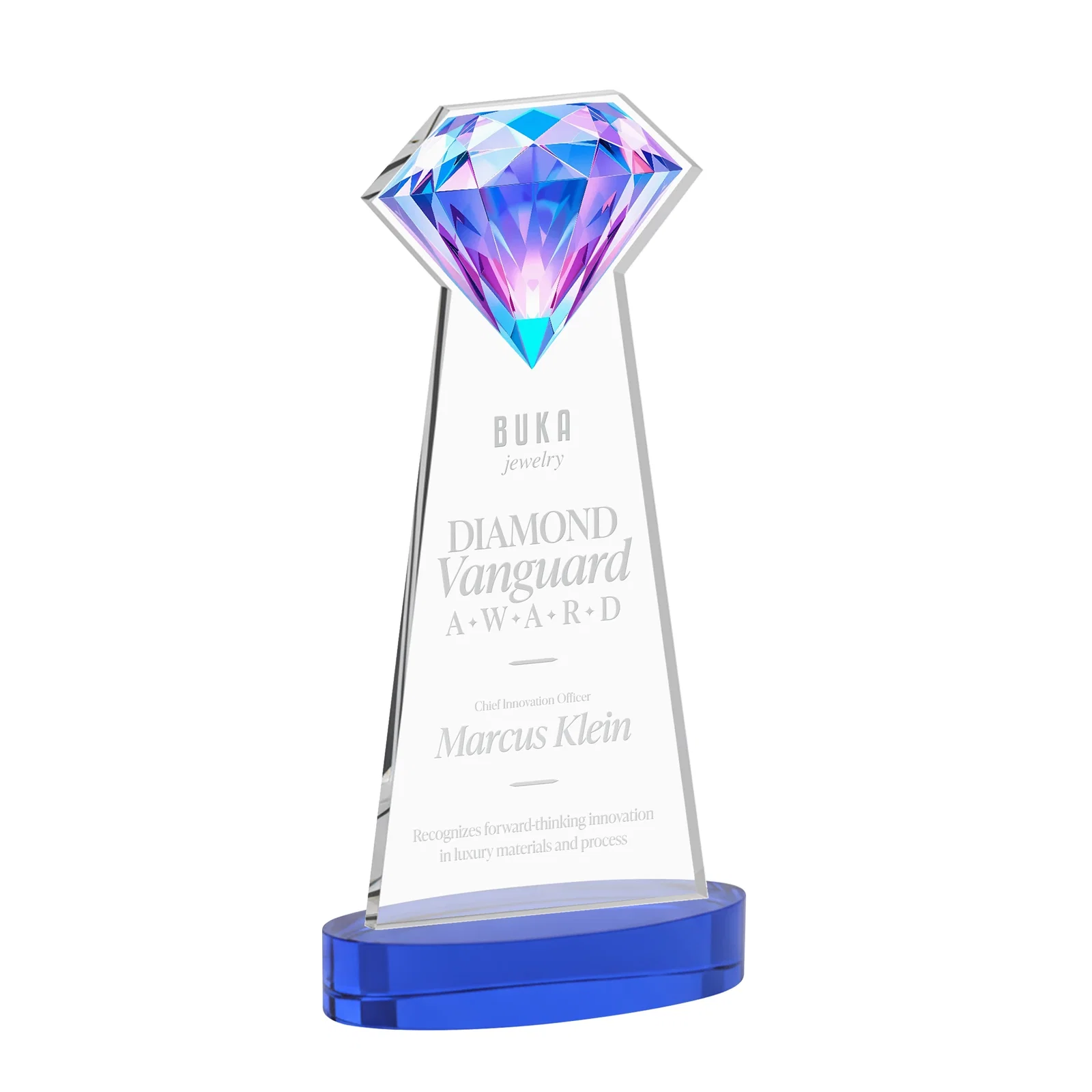 Customized Starfire Crystal Award With a Printed Gemstone Cutout on a Round Base for employee recognition