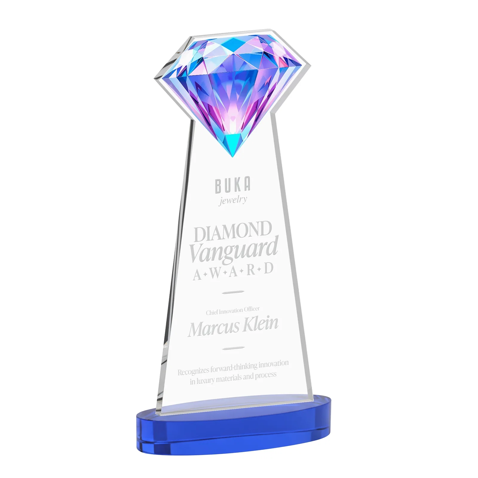 Customized Starfire Crystal Award With a Printed Gemstone Cutout on a Round Base for corporate award ceremonies