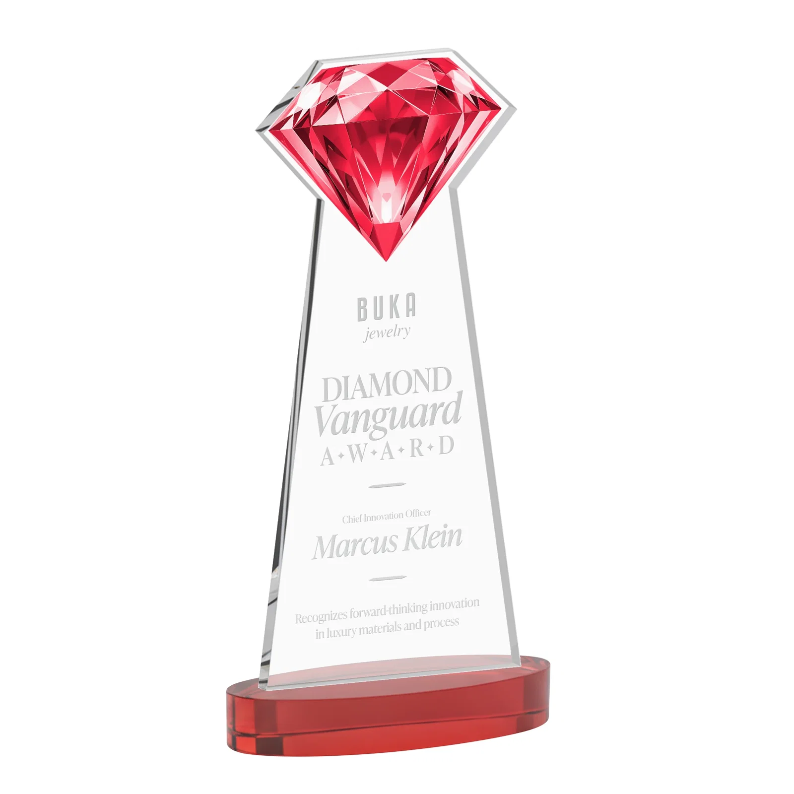 Customized Starfire Crystal Award With a Printed Gemstone Cutout on a Round Base for team milestone celebrations