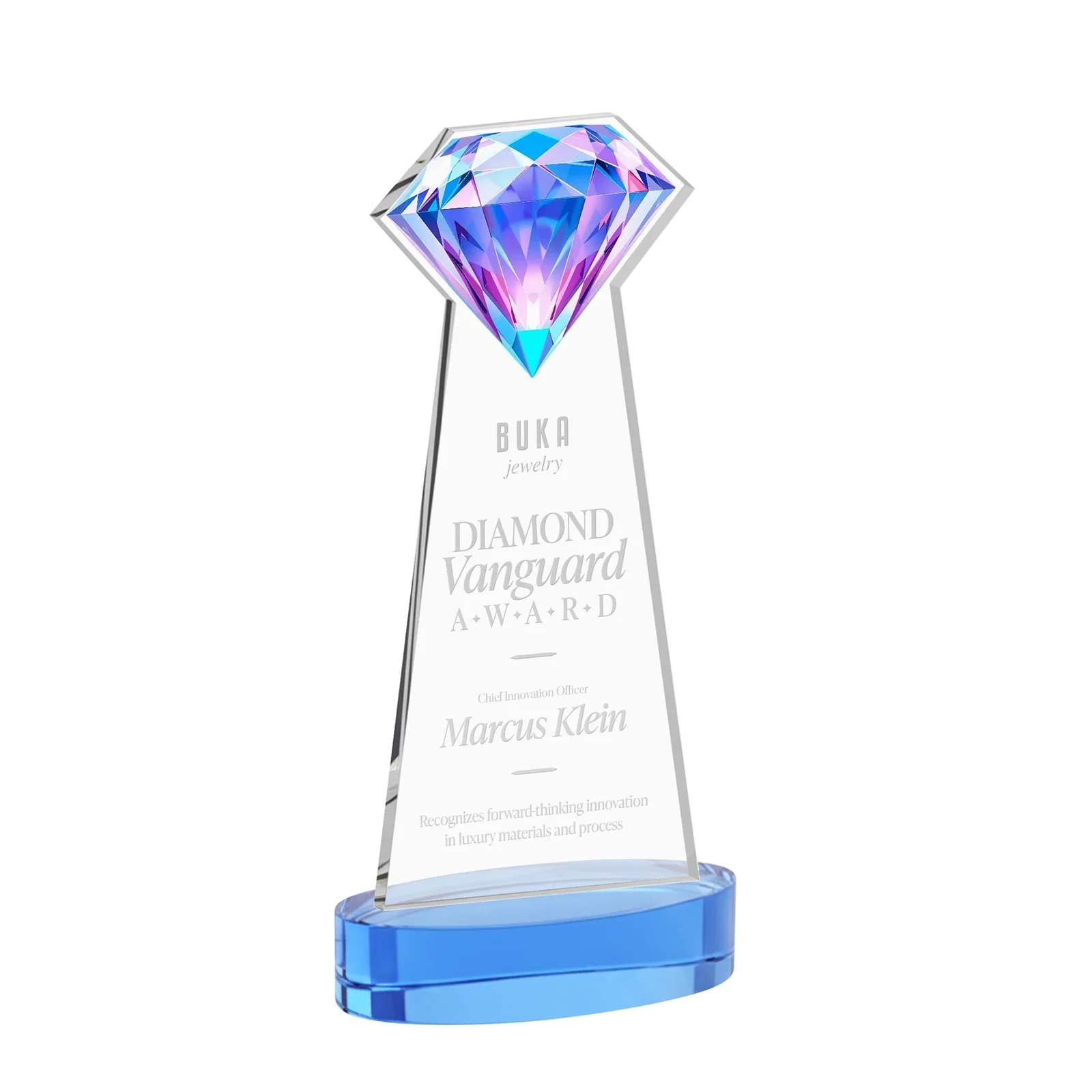 Customized Starfire Crystal Award With a Printed Gemstone Cutout on a Round Base for graduation ceremonies