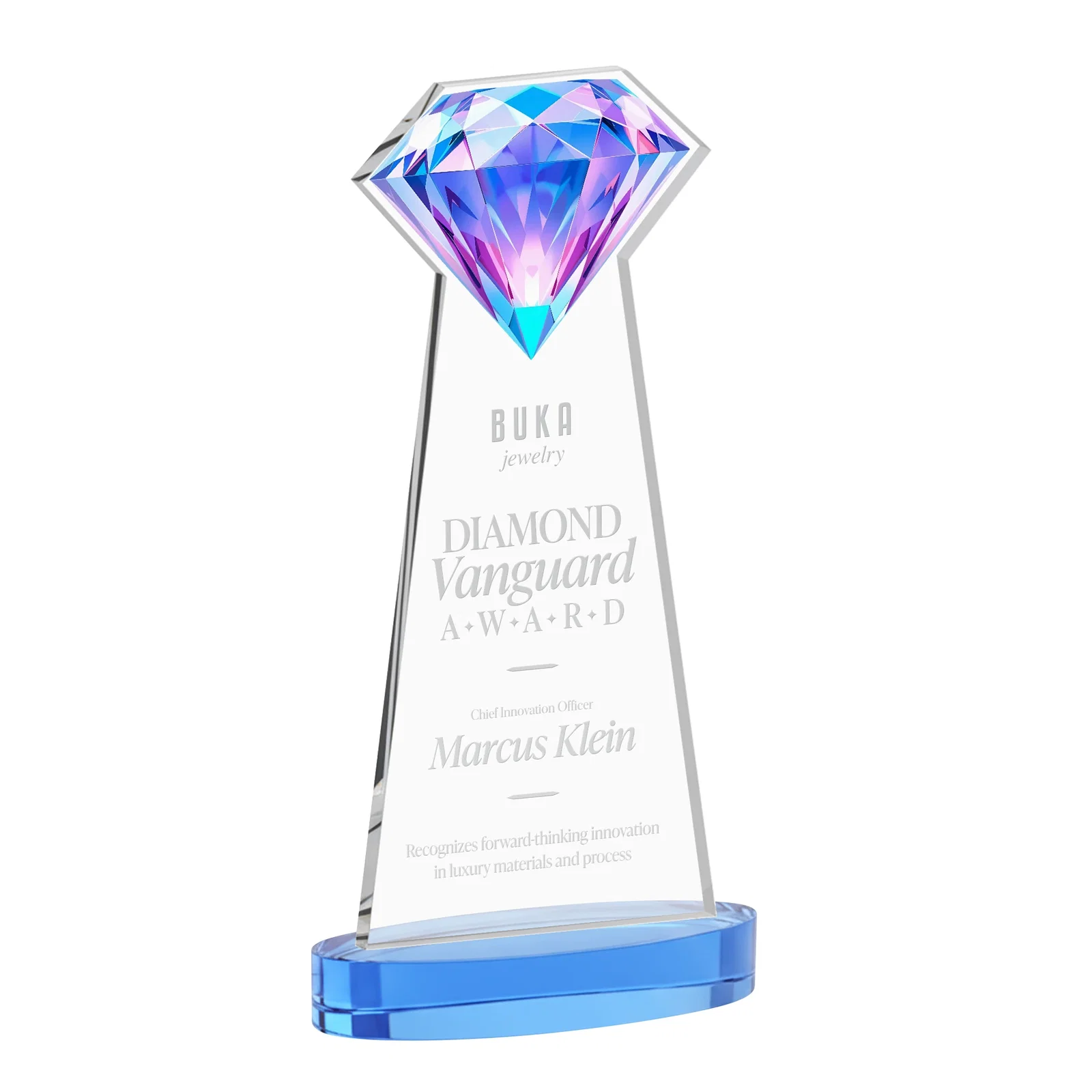 Customized Starfire Crystal Award With a Printed Gemstone Cutout on a Round Base for volunteer appreciation