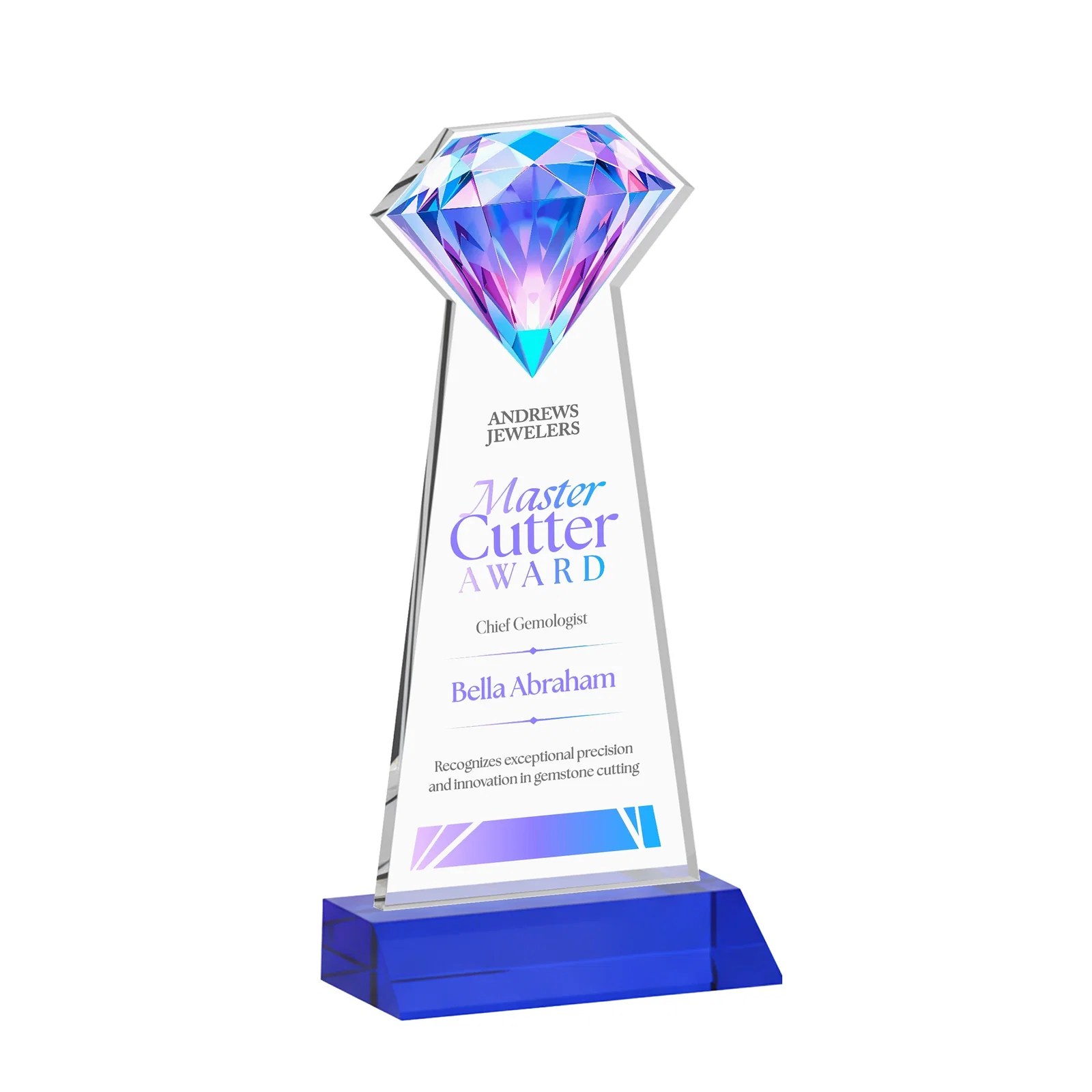 Personalized Starfire Crystal Award With a Gemstone Cutout on a Mitered Base, awards for donor appreciation
