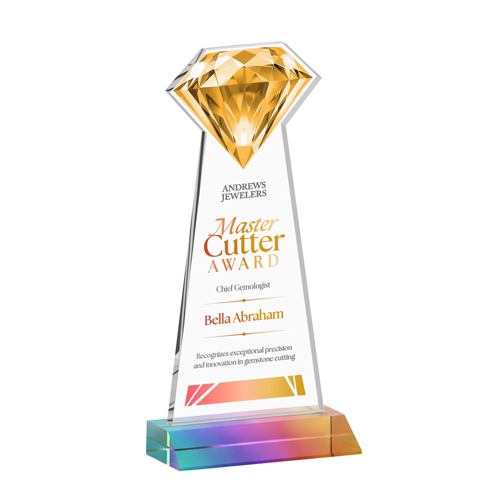 Personalized Starfire Crystal Award With a Gemstone Cutout on a Mitered Base, awards for company anniversary events