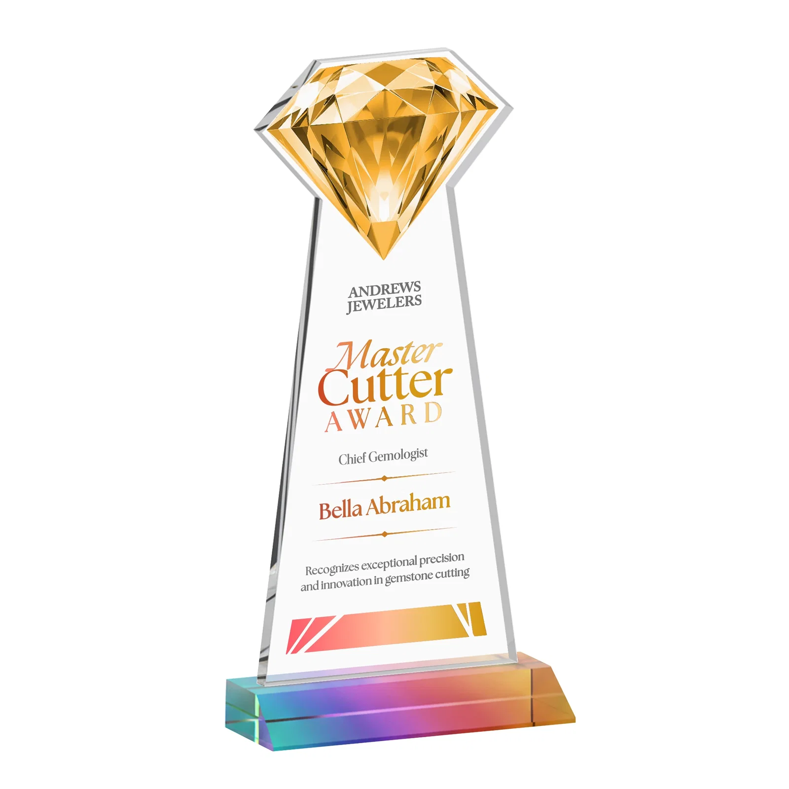 Promotional Starfire Crystal Award With a Gemstone Cutout on a Mitered Base, awards for employee recognition