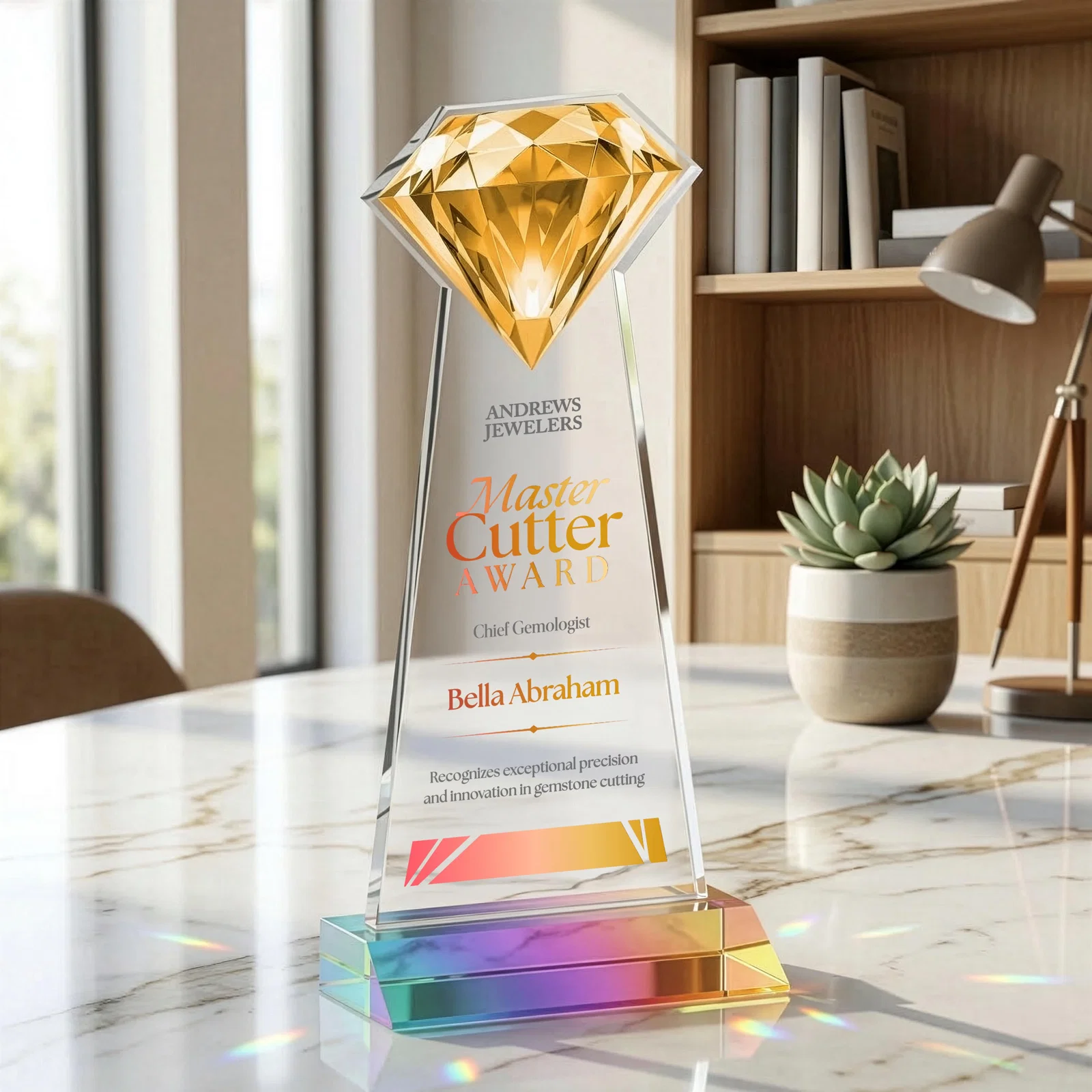 Promotional Starfire Crystal Award With a Gemstone Cutout on a Mitered Base, awards for corporate award ceremonies