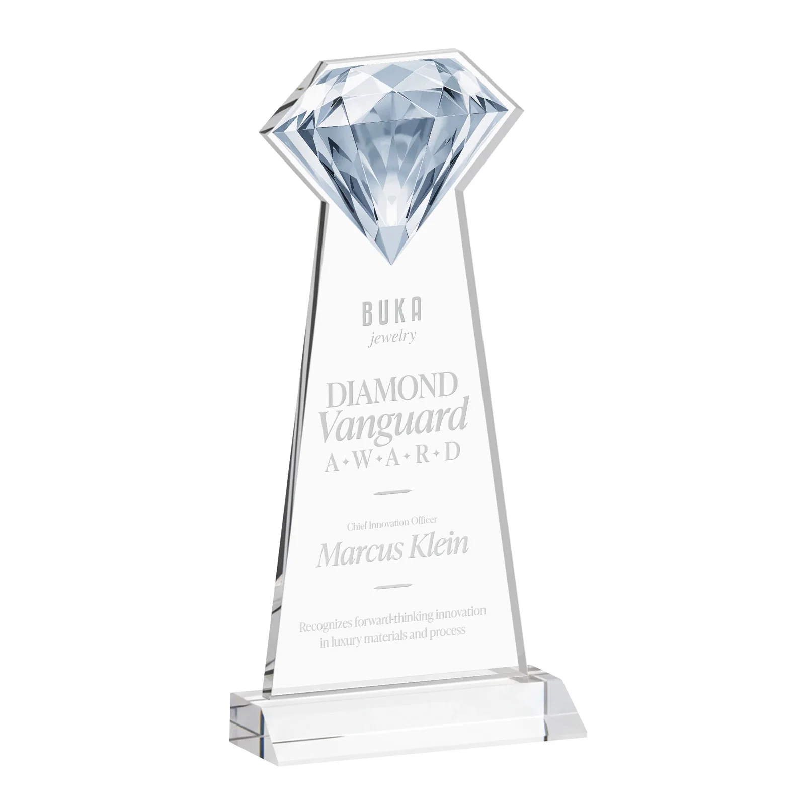 Branded Starfire Crystal Award With a Gemstone Cutout on a Mitered Base, awards for team milestone celebrations