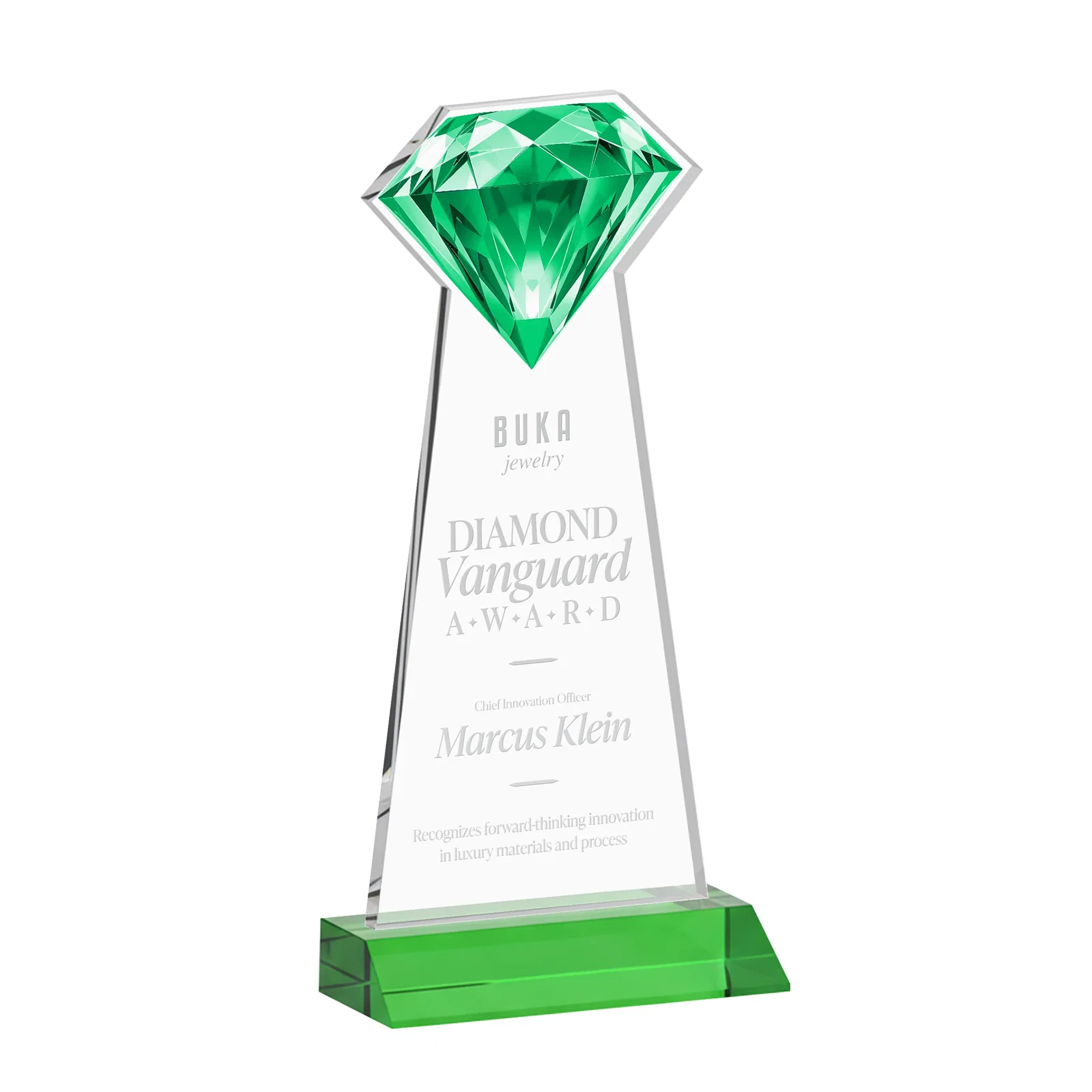 Custom printed Starfire Crystal Award With a Gemstone Cutout on a Mitered Base, awards for corporate award ceremonies