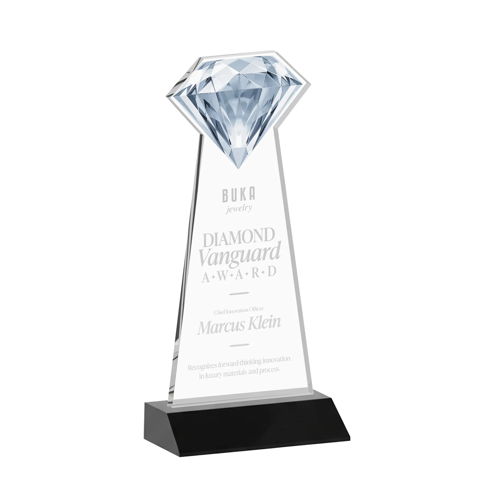 Custom printed Starfire Crystal Award With a Gemstone Cutout on a Mitered Base, awards for retirement presentations